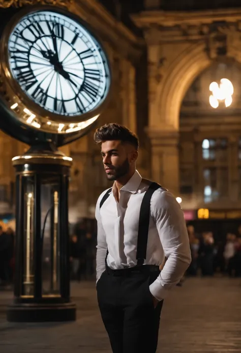 Young man in black stick suit and white shirt,  cor da pele parda, Hair with topknot standing in front of Big Bang clock in London