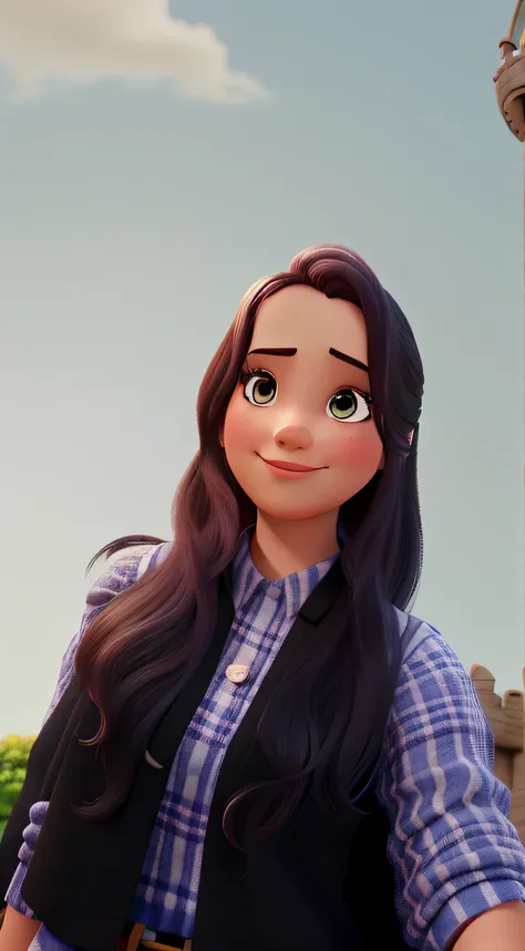 Uma mulher estilo disney pixar, na frente do castelo da disney, alta qualidade, melhor qualidade