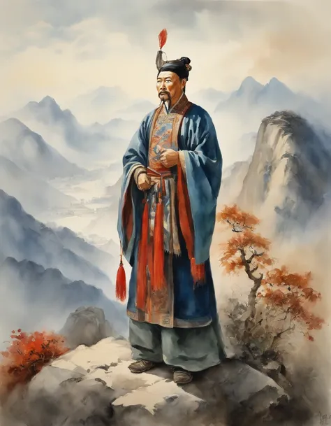 Chinese men, Zhuge Liang stood on the top of the mountain and looked at it from afar, with a solemn expression