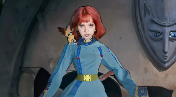 a red haired eastern European girl in blue costume standing with a surprised face with a little yellow squirrel-like animal with brown stripes, green eyes and very long ears on her shoulder