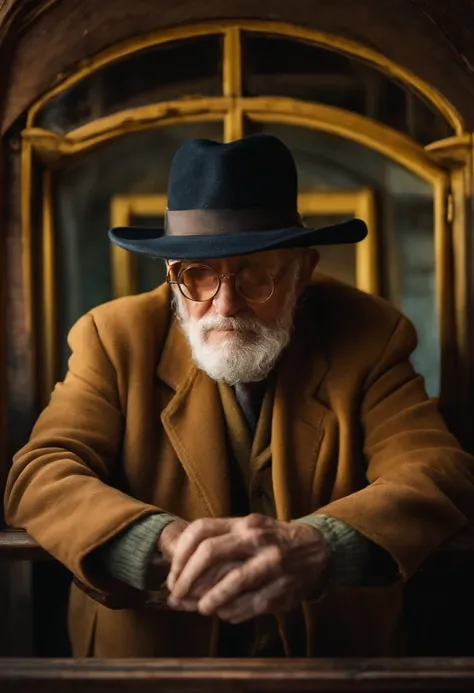 Pesquisador estiloso Henry Mintzberg, An old man with round window panes and a hat, usando oculos de grau