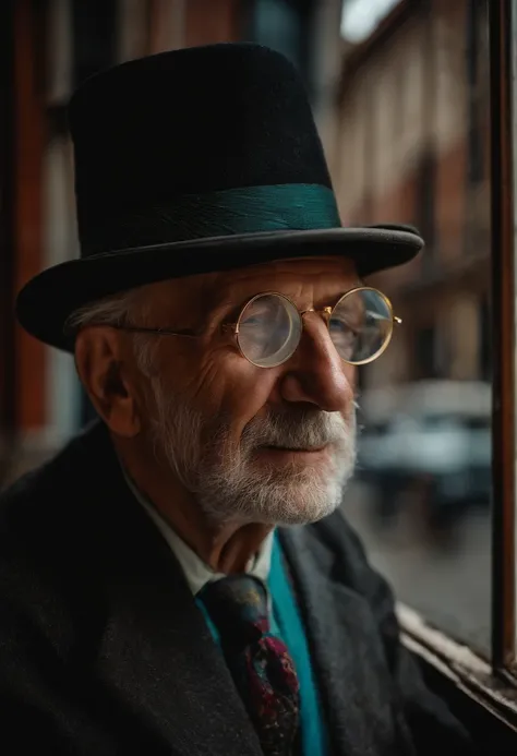 Pesquisador estiloso Henry Mintzberg, An old man with round window panes and a hat, usando oculos de grau