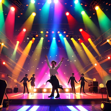 Illuminated 80s style ballroom with lots of people dancing and a stage in the background with a singer at the microphone being overshadowed by a ray of colored light from the stage to the hall.