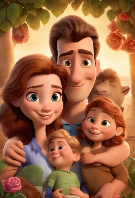 a Disney Pixar movie poster showing a white-skinned family. The father is the tallest, Tem barba curta, loiro, cabelos curtos e espinhosos. The mother has brown eyes and hair, shoulder-length and is slightly overweight. A menina tem 4 anos e cabelos castan...