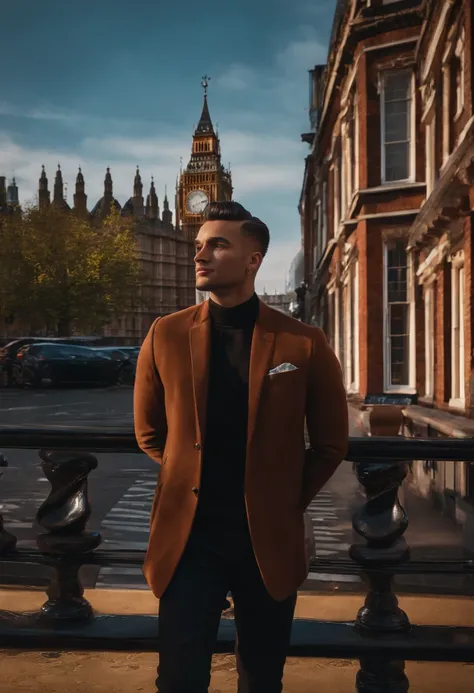 homem, estilo disney pixar, Black toothpick brown color topknot hair standing in london, imagem em 3d