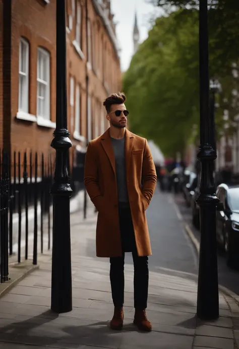 homem, estilo disney pixar, Black toothpick brown color topknot hair standing in london, imagem em 3d