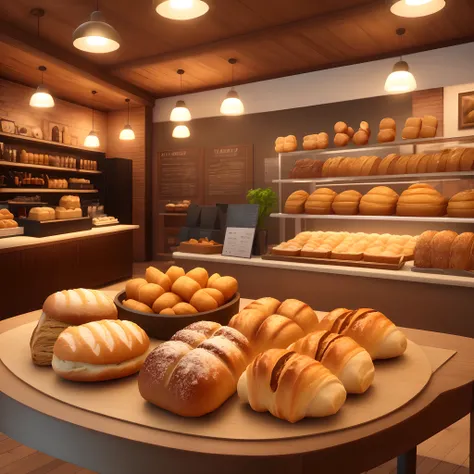 Arte Disney 3D Pixar, Table with bread rolls, cafes, croissants, Sales Desk