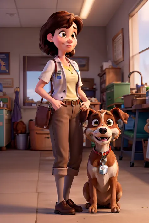 Pixar style image of a brunette veterinarian with medium hair holding a dog and with the veterinary clinic in the background