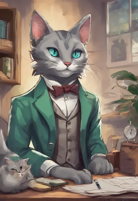 (Little Grey Cat ),(Best poses),(Best Angle), (Best expression), Canon EOS R, Small Fir Green Suit Gillet, blue eyes, cute The doctor is converting his teeth with a pang on his fingertips, and his head tilted slightly to the left.