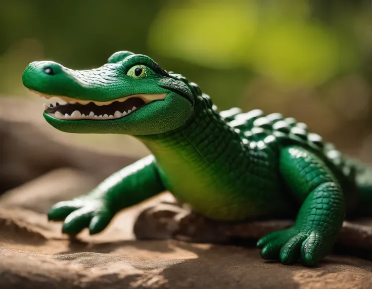 Cute stuffed alligator, dark green, with light green belly, round eyes, happy smile, pixar, 3D.