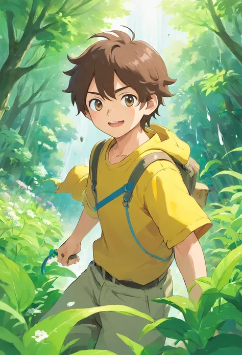 splash art, character design, 1boy, solo, white background, rpg protagonist for a farming game, cute