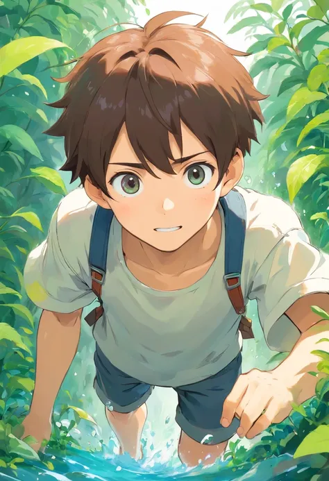 splash art, character design, 1boy, solo, white background, rpg protagonist for a farming game, cute