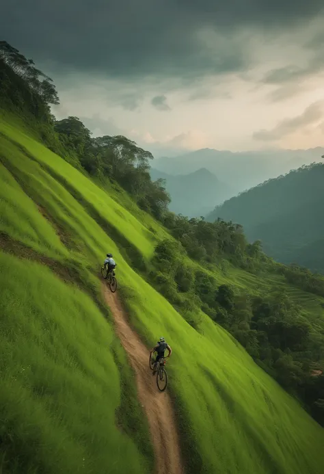 A man riding a mountain bike on top of a lush green hill next to a lush green valley full of trees; sumatraism, uma pintura fosca, Cui Bai, montanhas 8K