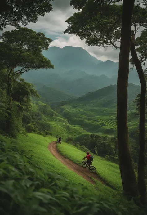 A man riding a mountain bike on top of a lush green hill next to a lush green valley full of trees; sumatraism, uma pintura fosca, Cui Bai, montanhas 8K