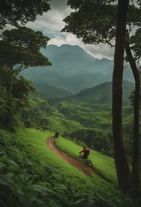 A man riding a mountain bike on top of a lush green hill next to a lush green valley full of trees; sumatraism, uma pintura fosca, Cui Bai, montanhas 8K