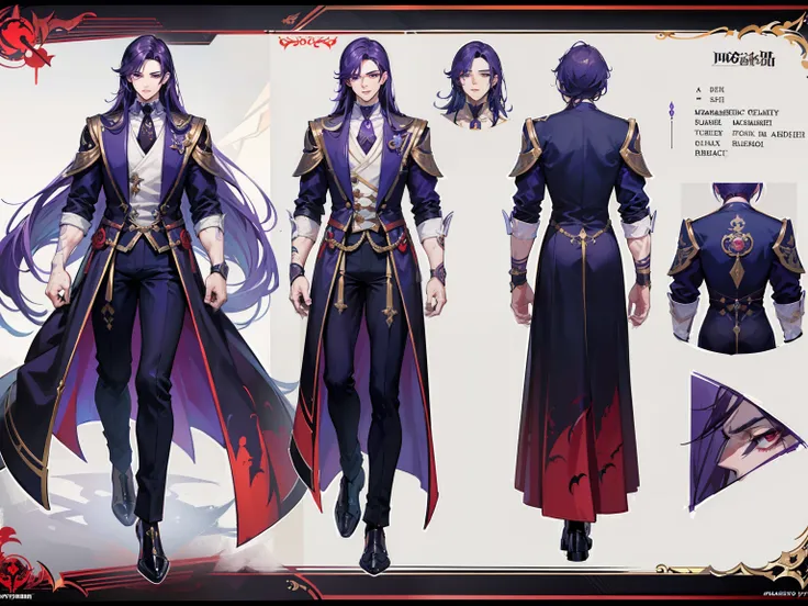 ((Masterpiece, Highest quality)), Male, boy, Detailed face, character design sheet， full bodyesbian, Full of details, frontal body view, back body view, Highly detailed, Depth, Many parts, Muscle boy with purple long hair，handsome man, vampire outfit cloth...