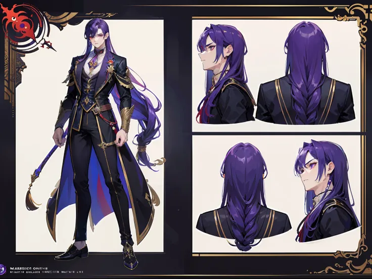 ((Masterpiece, Highest quality)), Male, boy, Detailed face, character design sheet， full bodyesbian, Full of details, frontal body view, back body view, Highly detailed, Depth, Many parts, Muscle boy with purple long hair，handsome man, vampire outfit cloth...