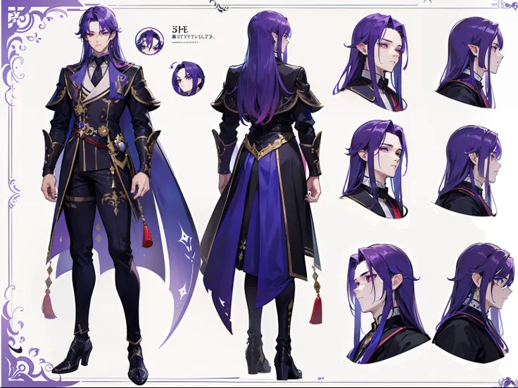 ((Masterpiece, Highest quality)), Male, boy, Detailed face, character design sheet， full bodyesbian, Full of details, frontal body view, back body view, Highly detailed, Depth, Many parts, Muscle boy with purple long hair，handsome man, vampire outfit cloth...