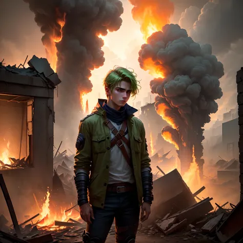 Descreva um personagem masculino de 17 anos com cabelos castanhos e olhos verdes. Hes on a hill, com um olhar meio triste, Observing a ruined city in an apocalyptic setting, With fire and destruction everywhere