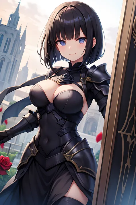 I dont want it to hurt, so I want to be defensive.。, A girl with a black hair bob cut wearing black armor with all her stats poured into her defenses, Rose pattern, Heavy Shot, kindly smile, Sauce order, Black shield larger than her body,