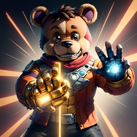 Freddy Fazbear from five nights at freddys snapping his fingers with the infinity gauntlet from Avengers Endgame