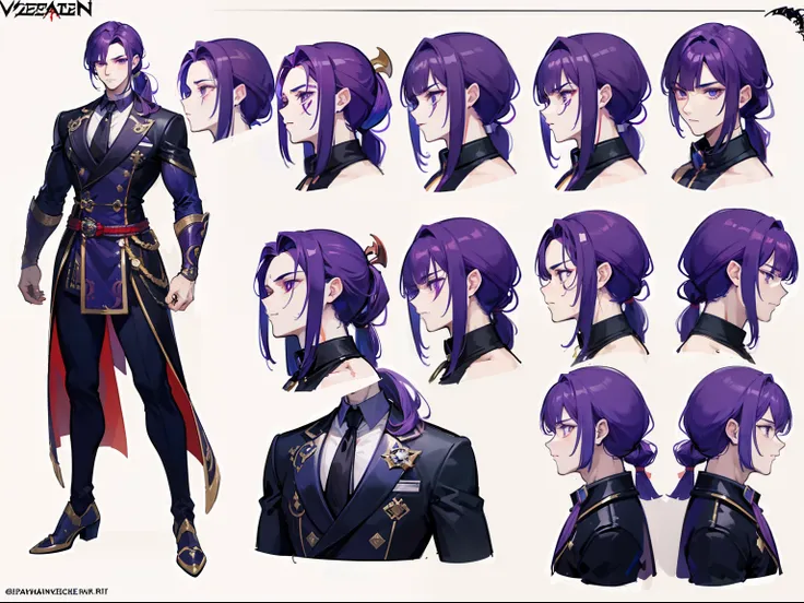 ((Masterpiece, Highest quality)), Male, boy, Detailed face, character design sheet， full bodyesbian, Full of details, frontal body view, back body view, Highly detailed, Depth, Many parts, Muscle boy with ponytail long purple hair，handsome man, muscle body...