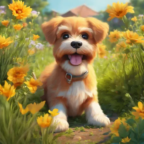 (best quality,4k,8k,Altas,master part:1.2),ultra-detalhado,(Realistic,fotorrealista,photo-realistic:1.37),Um menino humano sorridente de 5 anos, Lucas, e seu fiel amigo, parafuso, The Schnauzer Dog, deitado no jardim,Insert Illustration,medium:oil painting...