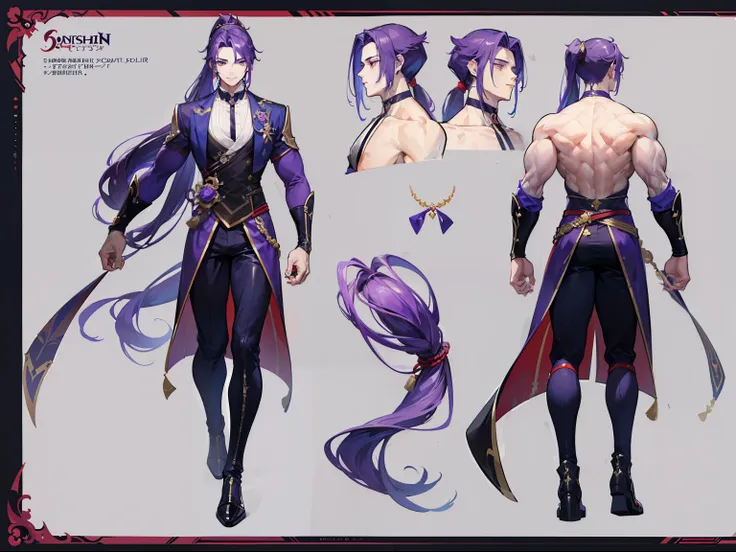 ((Masterpiece, Highest quality)), Male, boy, Detailed face, character design sheet， full bodyesbian, Full of details, frontal body view, back body view, Highly detailed, Depth, Many parts, Muscle boy with ponytail long purple hair，handsome man, muscle body...