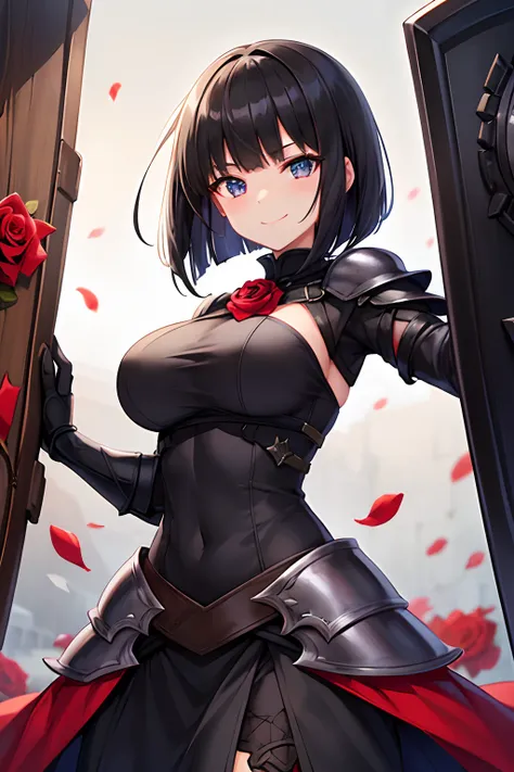 I dont want it to hurt, so I want to be defensive.。, A girl with a black hair bob cut wearing black armor with all her stats poured into her defenses, Rose pattern, Heavy Shot, kindly smile, Sauce order, Black shield larger than her body, A large shield em...