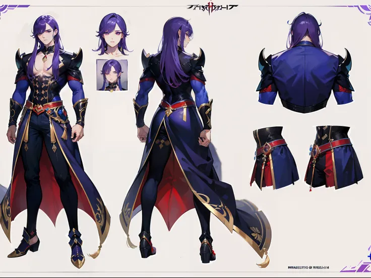 ((Masterpiece, Highest quality)), Male, boy, Detailed face, character design sheet， full bodyesbian, Full of details, frontal body view, back body view, Highly detailed, Depth, Many parts, Muscle boy with long purple hair with long bangs，handsome man, musc...