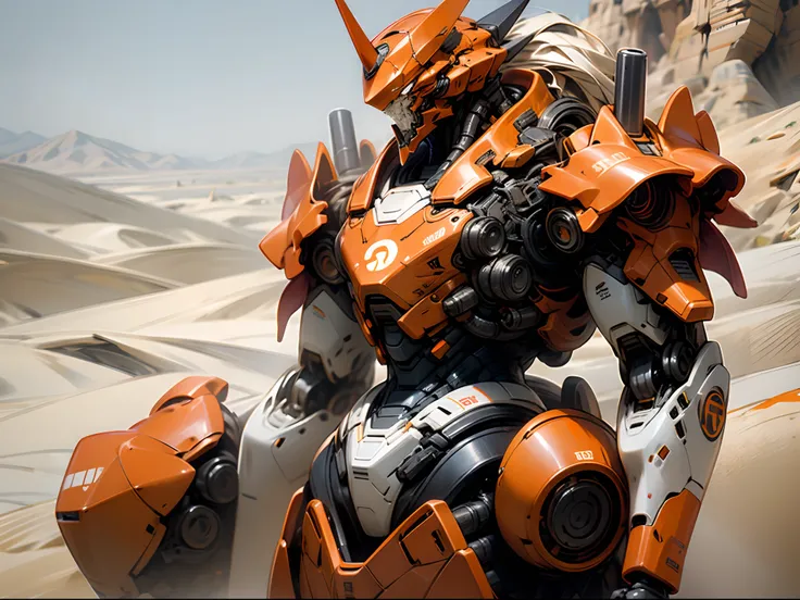 An orange robot armor in a desert