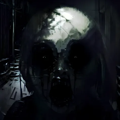 horror image of a woman, with a white shine eyes, on a dark room