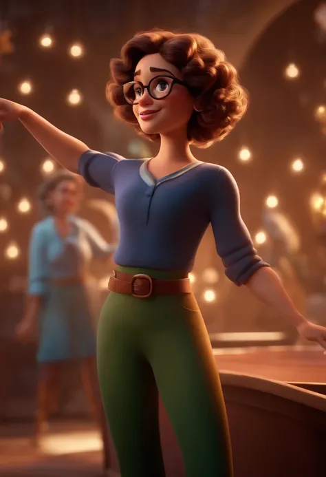 Pixar style image with 3D character white glasses brunette woman short curly hair dancing, Maquiagem Disney,Pescador, bonitinho, sorridente ,Close-up, Pixar, Disney, Cinema lighting,