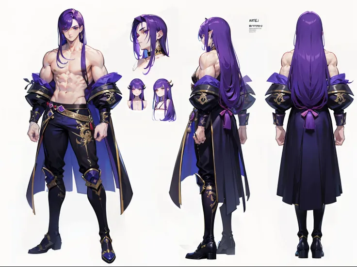 ((Masterpiece, Highest quality)), Male, boy, Detailed face, character design sheet， full bodyesbian, Full of details, frontal body view, back body view, Highly detailed, Depth, Many parts, Muscle boy with long purple hair with long bangs，handsome man, musc...