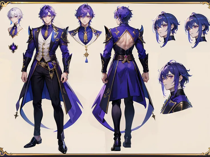 ((Masterpiece, Highest quality)), Male, boy, Detailed face, character design sheet，full body esbian, Full of details, frontal body view, back body view, Highly detailed, Depth, Many parts, Muscle boy with purple hair，handsome man, vampire outfit clothes, G...