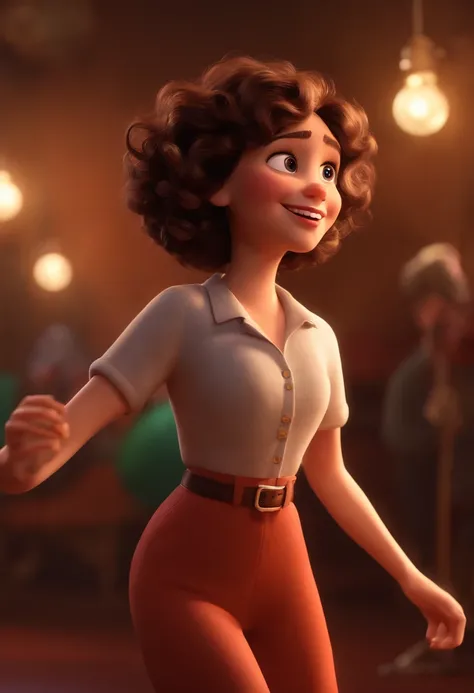 Pixar style image with 3D character white glasses brunette woman short curly hair dancing, Maquiagem Disney,Pescador, bonitinho, sorridente ,Close-up, Pixar, Disney, Cinema lighting,