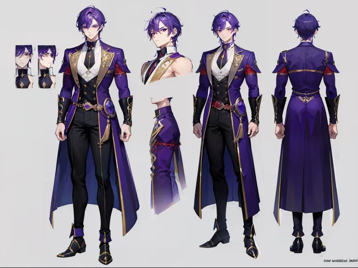 ((Masterpiece, Highest quality)), Male, boy, Detailed face, character design sheet，full body esbian, Full of details, frontal body view, back body view, Highly detailed, Depth, Many parts, Muscle boy with purple hair，handsome man, vampire outfit clothes, G...