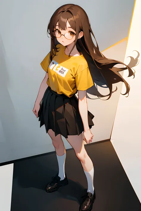 White anime girl, long brown hair, brown eyes, eyeglasses, yellow t-shirt, medium black skirt, high white socks, black shoes, standing, neutral face, white floor, white wall, white background, camera view in front of her.