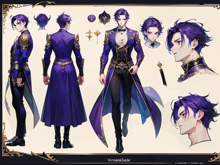 ((Masterpiece, Highest quality)), Male, boy, Detailed face, character design sheet， full bodyesbian, Full of details, frontal body view, back body view, Highly detailed, Depth, Many parts, Muscle boy with purple hair，handsome man, vampire outfit clothes, m...