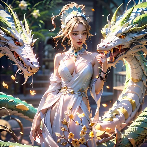 dragon_real,(extremely detailed CG unity 8k wallpaper,masterpiece, best quality, ultra-detailed, beautiful detailed eyes:1.2),best illumination, (best shadow, an extremely delicate and beautiful, bloom),the girl was surrounded by dragons, (1girl:1.4),breas...