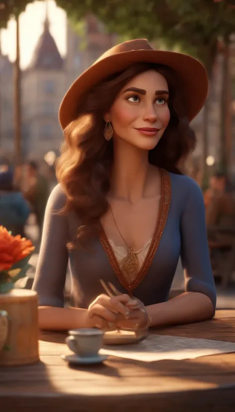 Creating a Pixar-style poster: A woman with long brown hair, brown eyes, fair skin, exuding a gypsy aura, performs a tarot reading at a round table in a café on a Parisian street, featuring the Eiffel Tower in the background.  3 d character render, persona...