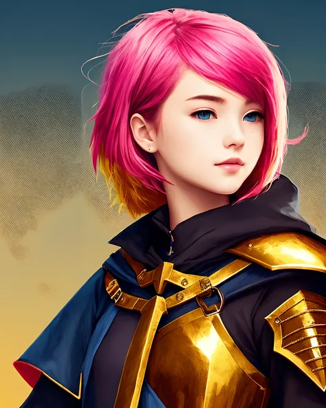 A girl with pink and gold hair is dressed as a knight。Pixel art。