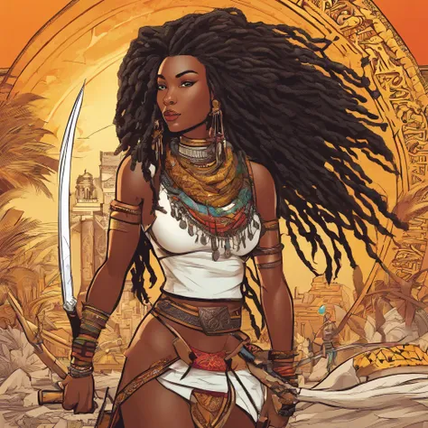 "(best quality,ultra-detailed),Ebony skin,Ebony skinned female:1.1,beautiful detailed eyes,beautiful detailed lips,white dreadlocks,thicc,tribal warrior outfit,not too strong looking,confident posture,exotic background,sharp focus,vivid colors" white dread...