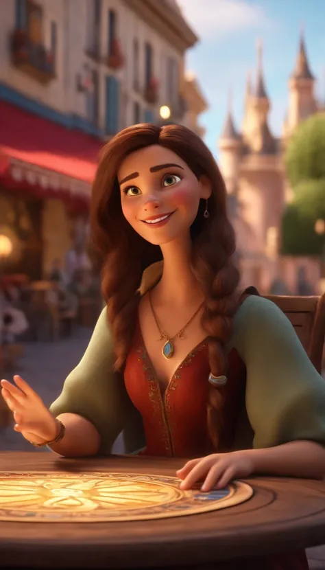 Creating a Pixar-style poster: A woman with long brown hair, brown eyes, fair skin, exuding a gypsy aura, performs a tarot reading at a round table in a café on a Parisian street, featuring the Disneyland in the background. 3 d character render, personagem...