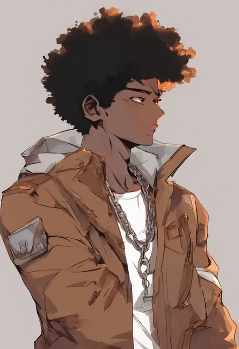 (foco frontal),Anime - style illustration of a man with a brown jacket, white t-shirt and chain around his waist, "(best quality,ultra-detalhado),detailed right hand,(Luva sem dedos,Gloved hands), | | |, personagem de anime masculino, Fundo da cidade, Suns...