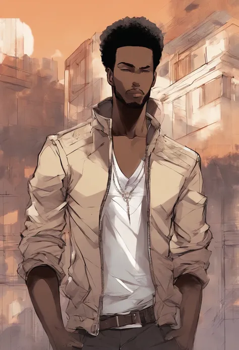 (foco frontal),Anime - style illustration of a man with a brown jacket, white t-shirt and chain around his waist, "(best quality,ultra-detalhado),detailed right hand,(Luva sem dedos,Gloved hands), | | |, personagem de anime masculino, Fundo da cidade, Suns...