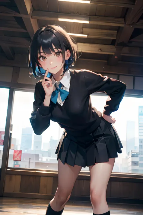 a 20 yo woman、Black blue Hair、Bery short hair、Big smile、(hi-top fade:1.3)、dark themed、Muted Tones、Subdued Color、highly contrast、(natural skin textures、Hyper-Realism、Soft light、sharp)、masterpiece, best quality, highres, kr1, brown eyes, blunt bangs, kibito ...