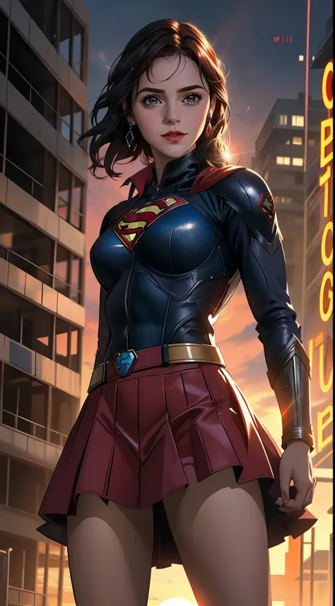 un primer plano de una mujer con un disfraz de superman de pie en una ciudad, superchica, gal gadot como supergirl, superhero bo...