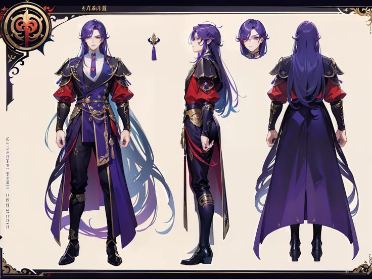 ((Masterpiece, Highest quality)), Male, boy, Detailed face, character design sheet， full bodyesbian, Full of details, frontal body view, back body view, Highly detailed, Depth, Many parts, Muscle boy with purple long hair，handsome man, vampire outfit cloth...