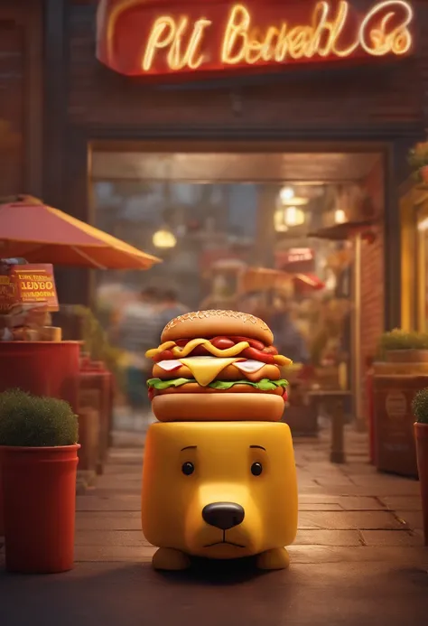 Desenho em estilo 3D da Pixar de uma loja de hot dog com o nome Santo Doggy,  com cores vermelho, Amarelo e branco no centro da cidade.